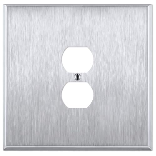 OVERSIZED Jumbo Metal Outlet Cover, 2 Gang Electrical Outlet Cover (for 1 Centered Device), Oversize Wall Plate Cover for Duplex Outlets, Brushed Stainless Steel - UL Listed, 5.5" x 5.5" - Made in USA - color: SS Outlet