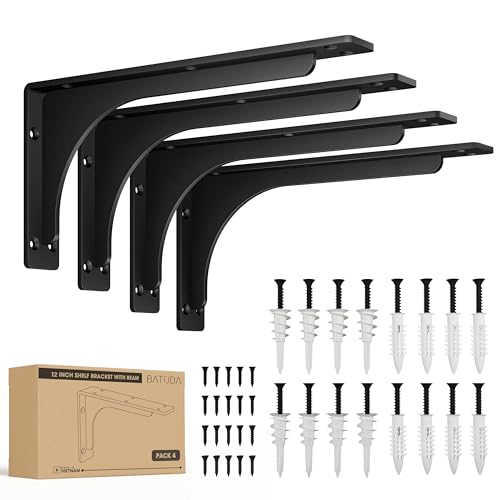 BATODA 12" x 6" L Bracket with Beam - Shelf Brackets Black 300 Lbs Capacity - Heavy Duty Shelving Brackets for Floating Shelves - Wall Mounted Support for DIY – Mounting Hardware Included (Pack 4) - size: 12 Inch