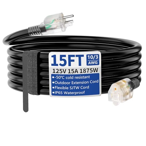 15ft Outdoor/Indoor Extension Cord with Lighted 10/3 Gauge Ultra 3 Prong Heavy Duty SJTW, Waterproof, Flexible Cold-Resistant,15A 125V 1875W, Black - size: 15FT