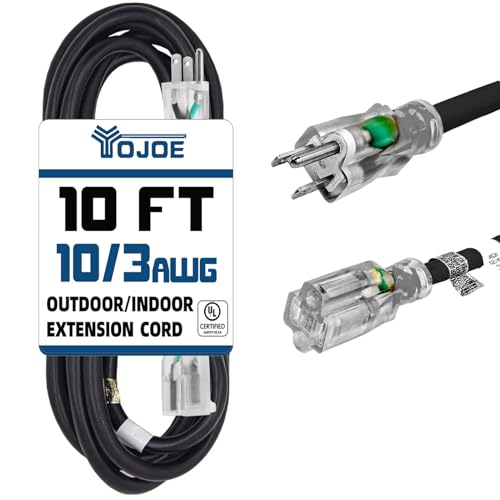 YOJOE Indoor Outdoor Extension Cord with Lighted End, 3 Prong 15A Weatherproof Power Cord, 10 Gauge Heavy Duty 10 ft Black Extension Cord for Garage, Garden and Home, 10/3 SJTW UL Listed - color: Black, size: 10 Foot