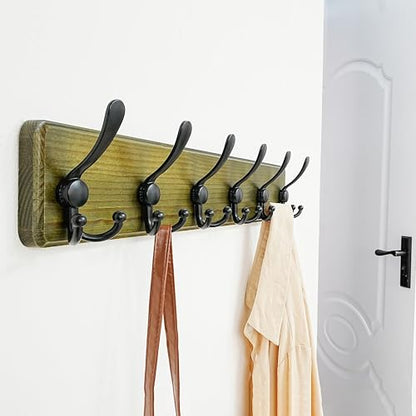Dseap Coat Rack Wall Mounted - 24" Long 6 Tri Hooks, Heavy Duty Wooden Wall Coat Hanger Coat Hook for Clothes Hat Jacket Clothing, Weathered Green and Black, Pack of 2 - color: Weathered Green & Black, size: L=24"