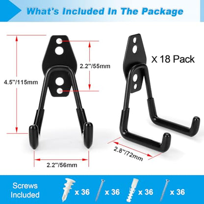 18 Pack Garage Hooks Heavy Duty - Supports 100 lbs, Utility Steel Garage Hanger & Organizer for Organizing Garden Lawn Tools, Ladders, Garden Hose, Digging Shovel, Bikes, Ropes - size: 18 Pack