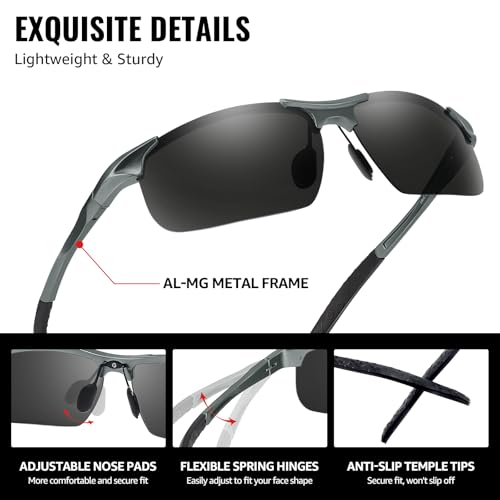 TJUTR Mens Photochromic Sunglasses Day & Night Driving Z87 Sun Glasses Polarized UV400 Protection Safety Glasses - color: C Gun Frame/Grey Polarized Lens