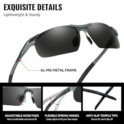 TJUTR Mens Photochromic Sunglasses Day & Night Driving Z87 Sun Glasses Polarized UV400 Protection Safety Glasses - color: C Gun Frame/Grey Polarized Lens