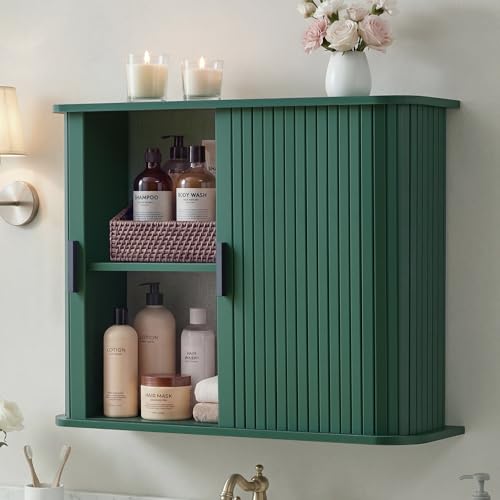 weselon Fluted Wall Mounted Bathroom Cabinet with Sliding Doors, Medicine Cabinet Storage for Over the Toilet, Space Saver Organizer for Small Bathroom Laundry Kitchen (Green) - color: Green