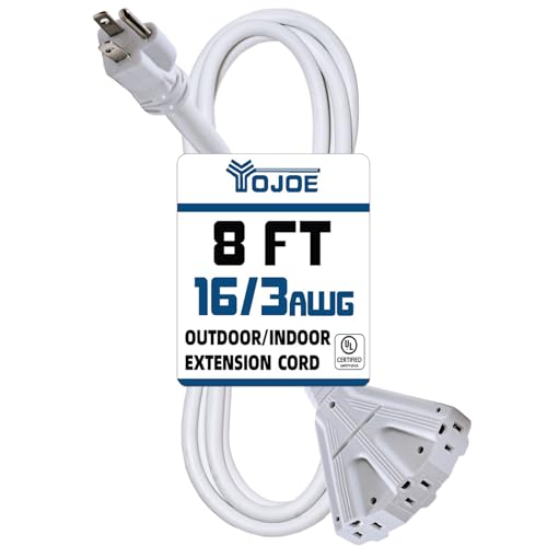 YOJOE 3-Outlets Indoor Outdoor Extension Cord, 3 Prong 13A Weatherproof Power Cord Multiple Outlets, 16 Gauge Heavy Duty 8 ft White Extension Cord for Garage, Garden, 16/3 SJTW UL Listed - color: White, size: 8 Foot, style: Standard