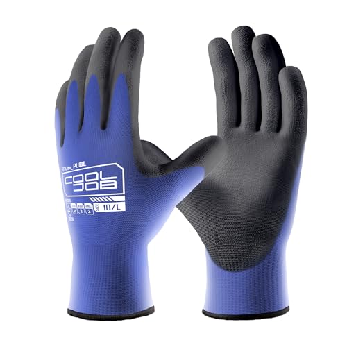 COOLJOB 12/60 Pairs Safety Work Gloves Pack Bulk with Grip PU Coating, 13 Gauge Seamless Knit Gloves with Polyurethane Dipped for Warehouse Working, Breathable Lightweight for Men Women, Blue Small - color: Blue, size: Small (Pack of 12)