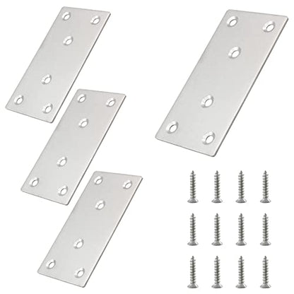 4pcs Metal Flat Straight Brace Bracket, 4'' x 2'' (L x W) Stainless Steel Mending Plate, Joining Bracket Wood Connectors for Furniture Corner Braces with Screws (Silver) - size: 4'' x 2''/ 100mm x 50mm, style: Silver-4pcs
