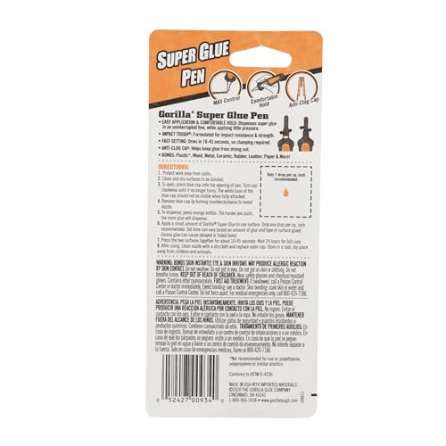 Gorilla Super Glue Pen, Cyanoacrylate Glue, Fast Setting, Precise Dispensing Pen Shaped Applicator, Clear, 5.5g (Pack of 2) - size: Pack of 2, style: Liquid