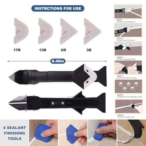 Professional 3-in-1 Silicone Caulking Tool Set, Sealant Finishing Tools with Replaceable Scraper Heads, Multiple Angle Grout Remover for Bathroom Kitchen Window Sink Joints