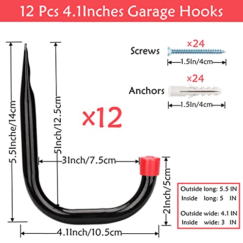 12 Pack Garage Storage J Hooks, 4.1Inches Heavy Duty Wall Mount Utility Hangers by Naikozmo Black and Red 5.6 x 4.1 x 0.5 inches