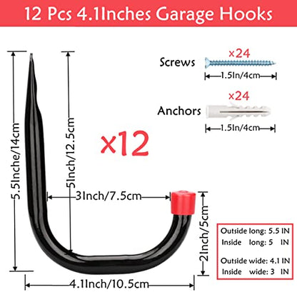 12 Pack Garage Storage J Hooks, 4.1Inches Heavy Duty Wall Mount Utility Hangers by Naikozmo Black and Red 5.6 x 4.1 x 0.5 inches