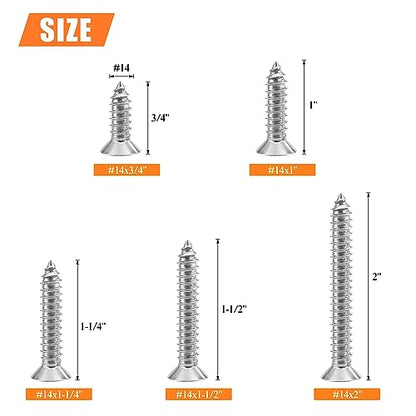 #14 x 3/4" 1" 1-1/4" 1-1/2" 2" Wood Screws Set, HELIFOUNER 52 Pieces Phillips Countersunk Head Self-Tapping Screws Assortment Kit, Phillips Flat Head Wood Screws, 304 Stainless Steel - size: #14
