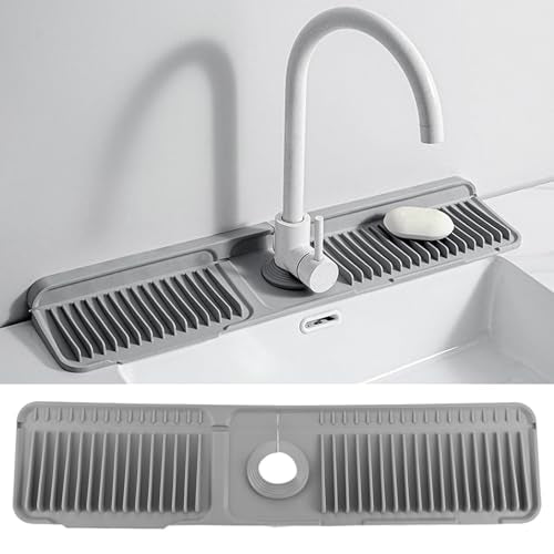 24" Silicone Faucet Mat for Kitchen Sink, 6° Slope Water Draining Mat, Kitchen Sink Splash Guard, Silicone Sink Protector for Kitchen Sink Bathroom Sink with Fasten Button, Dark Grey
