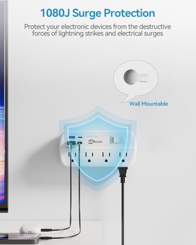 Power Strip with USB, 5Ft Travel Power Strip Surge Protector with 8 Outlets 4 USB(3.4A/17W) Charging Station, 13A/1625W 3 Prong Small Extension Cord Outlet Splitter, Wall Mount for Travel Office Dorm - size: 5 FT, style: 8AC+2U2C
