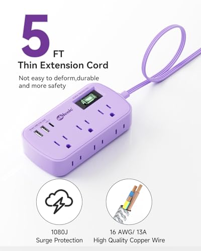 Purple Extension Cord with Surge Protected - Cute Travel Power Strip with 6 AC Outlet 3 USB (1 USB-C) Charging Station, Purple Desk Accessories Wall Mountable Cute Kawaii Lavender Office Dorm Room - size: 5 FT-Purple-45°Plug, style: 6AC+2U1C