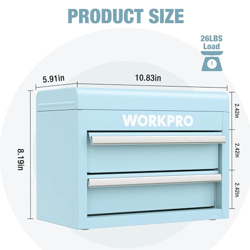 WORKPRO Mini Metal Tool Box with 2 Drawers and Top Storage, Small Tool Chest with PVC Liners and PP Feet Pads, Cold Rolled Steel Toolbox with Magnetic Tab - color: Macaron Blue
