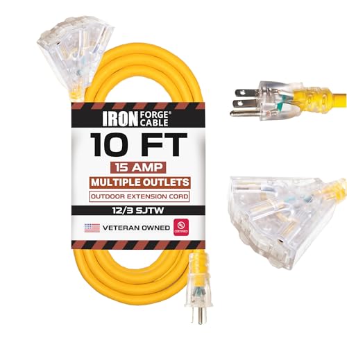 IRON FORGE CABLE 10 Foot Lighted Outdoor Extension Cord with 3 Electrical Power Outlets - 12/3 SJTW Heavy Duty Yellow Extension Cable with 3 Prong Grounded Plug for Safety, 15 AMP - size: 10 Foot, style: 1 Pack