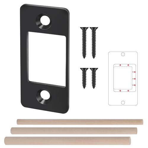 1 Pk Upgrade Large Hole Deadbolt Restorer Strike Plates, Stainless Steel Round Corner Latch Strike Plate with Wood Dowel Strips,Universal Backplate for Home Door Easy Repair Misalignment（Matte Black） - color: Black-1