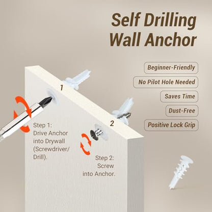 60Pcs Drywall Anchors and Screws Kit, Self Drilling Drywall Anchors Heavy Duty Holds 80lbs, No Drill Hole Required, #8 Phillips Head Screws Assortment Kit for Sheetrock/Plaster Walls(60)