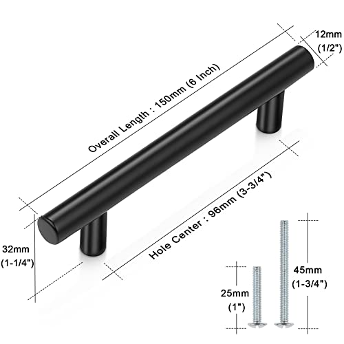 Probrico (5 Pack 3-3/4 Inch Hole Centers Cabinet Handles Black Kitchen Cabinet Pulls, Euro T Bar Drawer Handles Dresser Cabinet Pulls Hardware, 6 Inch Total Length - color: Black, size: hole center 3-3/4"