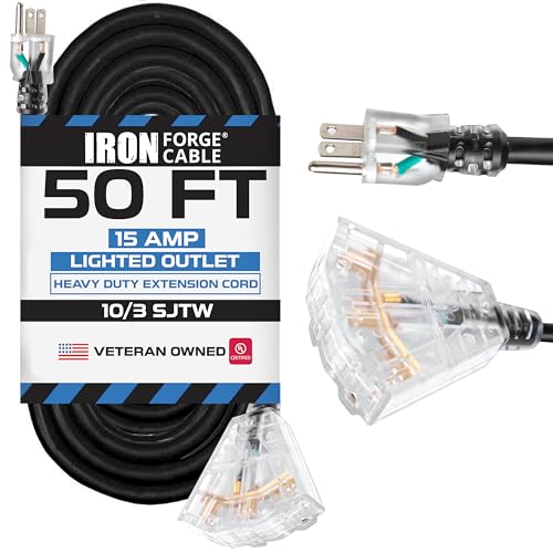 Iron Forge Cable 10 Gauge Extension Cord 50 ft with 3 Outlets, SJTW 10/3 Heavy Duty Outdoor Extension Cord with Multiple Outlets, 3 Way Black Electrical Wire for Major Appliance & Air Conditioner - color: Black, size: 50 Foot