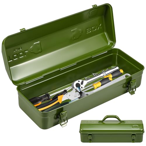 Tool Box, 16.9" Portable Metal Tool Organizer Box with Double Latch Closure and Handle, Heavy Duty Hip Roof Style Tool Chest for Household Workshop Car (Green) - color: Green