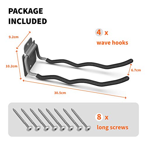 TORACK Garage Hooks Tool Organizer, 4 Pack Heavy Duty Steel 12" Wave Hooks, Wall Mount Garage Storage Utility Hook for Car Tires, Ladder, Chairs, Power Tools, Garden Tools - size: 4-pack 12" Wave Hooks