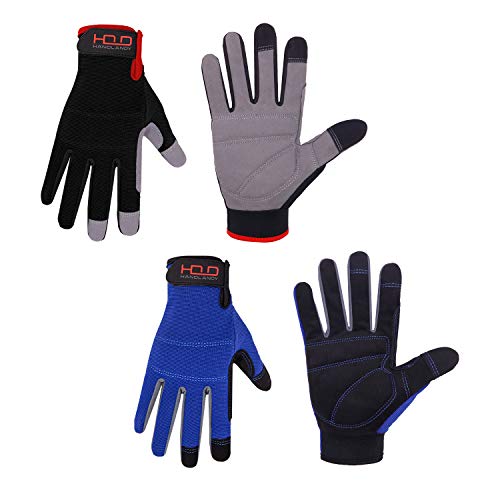 HANDLANDY Work Gloves for Men & Women, Utility Mechanic Working Gloves Touch Screen, Flexible Gardening Gloves for Yard - color: Black & Blue (2 Pairs), size: Medium (Pack of 2)