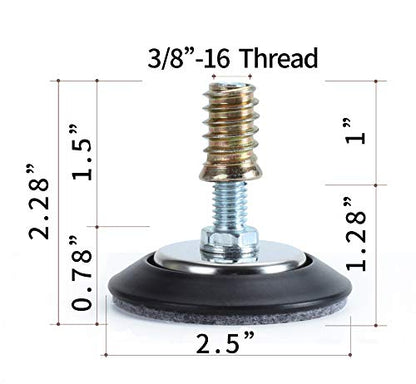 Furniture Levelers - Adjustable Leveling Legs for Tables Chairs Cabinets - 2.5" Diameter Base with 4 Felt Pads, 3/8"-16 Thread- S/S Polished Chrome (4 Pack)