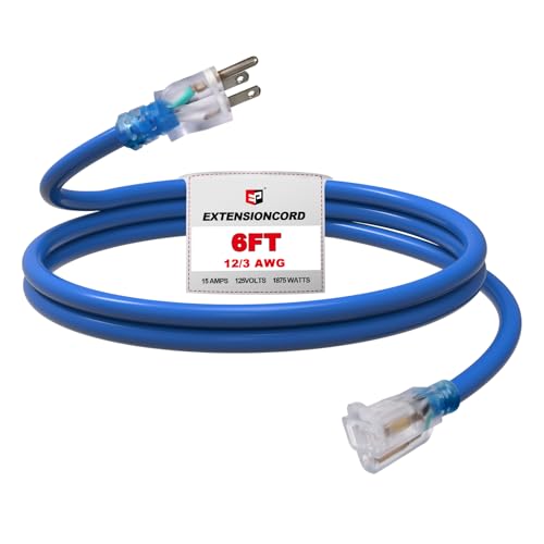 EP 6 Ft Outdoor Extension Cord, 12/3 SJTW Heavy Duty Waterproof Power Cable, 3 Prong Grounded Plug, Lighted End, for Lawn, Garden, Appliances, Blue - color: Blue, size: 6ft