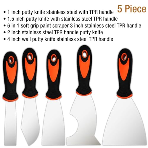 Putty Knife Set, 5 Pcs Paint Scraper (1" 1.5" 2" 3" 4"), Multi-use Scraper Tool, Spackle Knife for Drywall Repair, Wallpaper Removal, Paint Application, Applying Putty, Plaster - color: 5 Pack, Multi-size