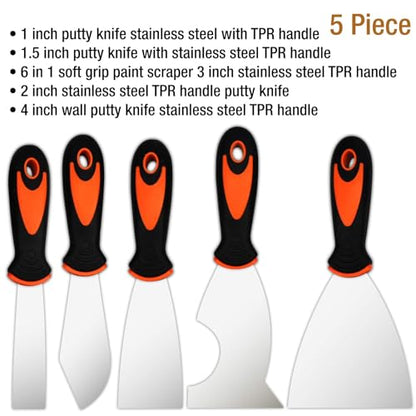 Putty Knife Set, 5 Pcs Paint Scraper (1" 1.5" 2" 3" 4"), Multi-use Scraper Tool, Spackle Knife for Drywall Repair, Wallpaper Removal, Paint Application, Applying Putty, Plaster - color: 5 Pack, Multi-size