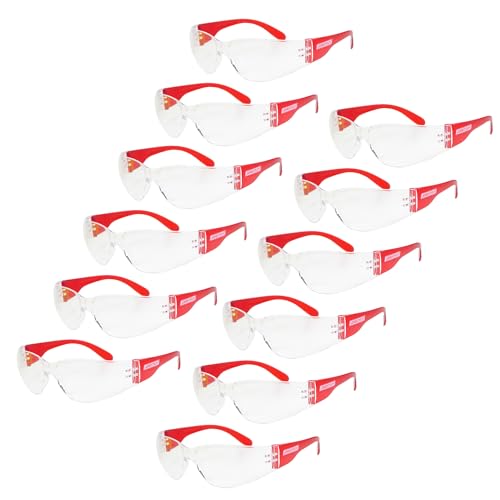 JORESTECH Safety Glasses, ANSI Z87+ Compliant, Impact-Resistant Polycarbonate Lenses, UV Protection, Anti-Scratch Coating, 12-Pack - color: Red-clear