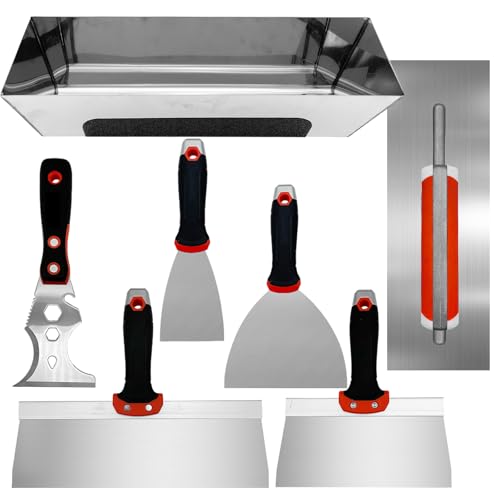 Drywall Hand Tool Kit, 7 Pieces Putty Knife Set with Mud Pan, Taping Knives, Flat Finishing Trowel, Multi-Functional Painter Scraper for Scraping Wallpaper and Drywall - size: Drywall Knife Set, 7pcs