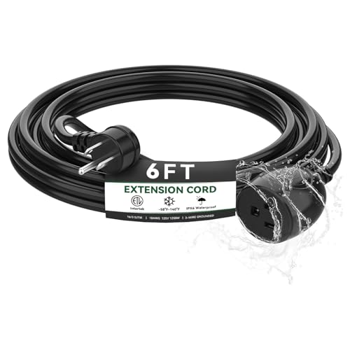 6FT Waterproof Outdoor Extension Cord,IPX6 Waterproof,Cold Weather & Fireproof,Heavy Duty 3 Prong Cable,18AWG 125V 10A,FCC/ETL Certified - size: 6FT