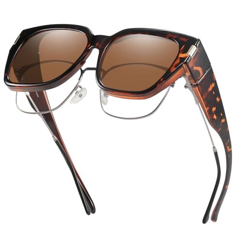 HAOLOTA Polarized Fit Over Glasses Sunglasses for Women Men Trendy Square Wrap Around Shades UV Protection - color: L Size 10 Dark-tortoise/Brown