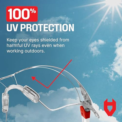 NoCry Clear Safety Glasses for Men and Women; Lightweight Work Glasses with Adjustable Frames and No-Slip Grips; Scratch Resistant Anti Fog Safety Glasses with Superior UV Protection, ANSI Z87.1 Rated - color: White & Red