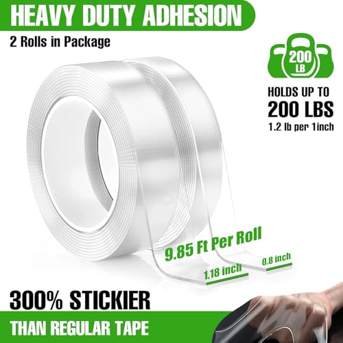 Strong Double Sided Tape Heavy Duty (2 Rolls, Total 19.7 FT) Clear Removable Two Sided Nano Mounting Adhesive for Wall, Posters, Rug, Picture Hanging - Teacher, Dorm Room, Office & Outdoor Essentials - size: 1.18 In X 9.85 FT + 0.8 In X 9.85 FT