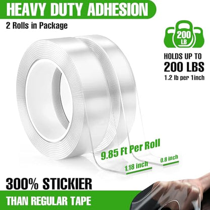 Strong Double Sided Tape Heavy Duty (2 Rolls, Total 19.7 FT) Clear Removable Two Sided Nano Mounting Adhesive for Wall, Posters, Rug, Picture Hanging - Teacher, Dorm Room, Office & Outdoor Essentials - size: 1.18 In X 9.85 FT + 0.8 In X 9.85 FT