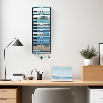 13 Tier Wall File Organizer - Hanging File Organizer with 5 Hooks, Mail Holder Wall Mounted for Papers, Folders, Magazines, Bills, Office&School Organization, Black - size: 13 Tier-Black