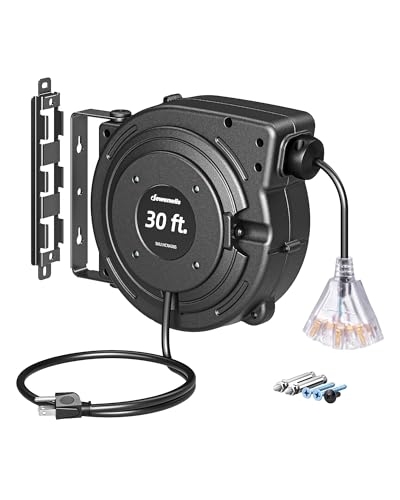 DEWENWILS 30FT Retractable Extension Cord Reel, 16/3C SJTW Heavy Duty Power Cord, Lighted Triple Outlets, 10A Circuit Breaker, Lightweight 180° Swivel Bracket, Ceiling/Wall Mount, ETL Listed, Black - color: Black