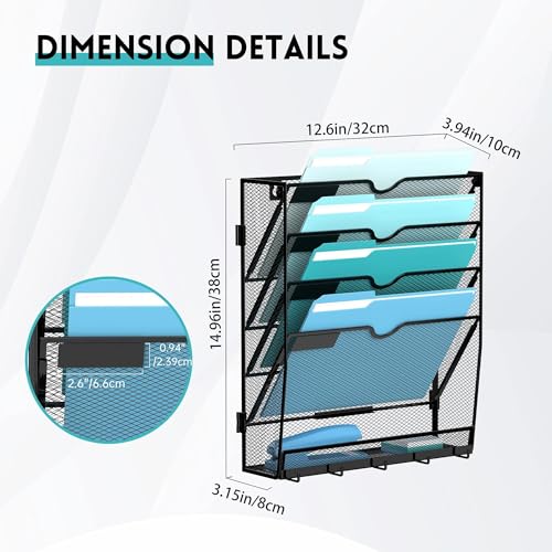 5 Tier Wall File Organizer - Hanging File Organizer with 5 Hooks, Mail Holder Wall Mounted for Papers, Folders, Magazines, Bills, Office&School Organization, Black - size: 5 Tier-Black