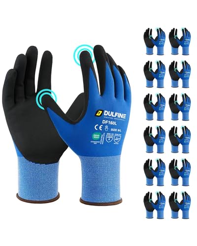 DULFINE Safety Work Gloves for Men & Women, MicroFoam Nitrile Coated Nylon Black Grip for General Purpose, 3/6/12/36 Pairs - color: Blue, size: Medium