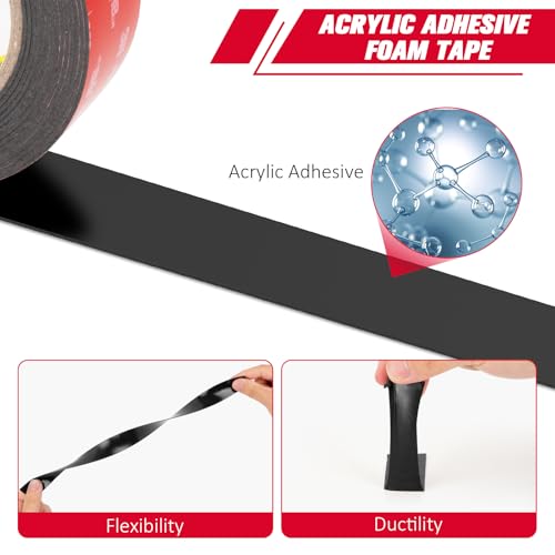 3M Double Sided Mounting Tape 0.5''x15.4Ft 0.043in Thick Black 5952 Heavy Duty Adhesive Waterproof Foam Tape for Car Home Office Deco - color: Black, size: Width 0.5"