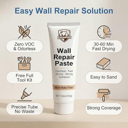 Wall Repair Paste – 2 Pack 250g (500g Total) Spackle for Nail Holes and Cracks, Zero VOC Odorless Wall Filler with 2 Inch Patches, Scraper, Sandpaper, Gloves, Fast Drying Paintable Compound
