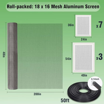 Aluminum Screen Roll with Spline & Rolling Tool – Pet-Resistant Durable Aluminum Window Screen, Screen Repair Kit for Rescreening Windows and Doors
