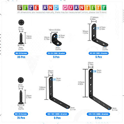 Glarks 130Pcs Black L Bracket Right Angle Corner Brace Joint With Mounting Screws - 20mm 50mm 100mm 125mm for Wood Chair Bookshelf Board Window Furniture Cabinet - size: 4 Size L Bracket Set
