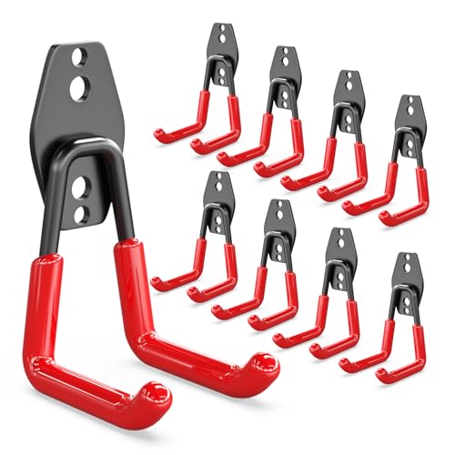 3-H Garage Wall Hooks Heavy Duty 8 Pack, Anti-Slip Steel Wall Mount Storage Hooks for Hanging Ladder Garden Yard Tools, Utility Organizer for Garage Lawn Shed(Red) - color: Red, size: 8