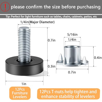 1/4" Thread Leveling Feet, 12 PCS Adjustable Furniture Levelers with T-Nuts, Threaded Screw-in Table Feet for Individual Adjustment - size: With T-Nut, 1/4"-20 UNC Thread